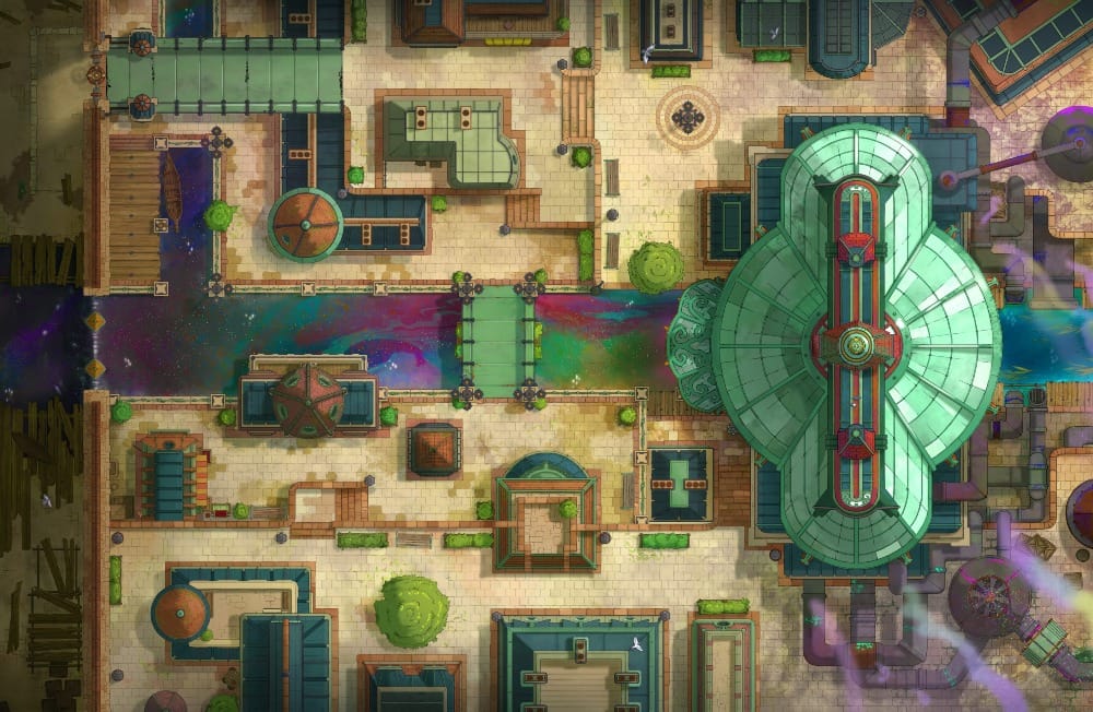 Top-down battlemap of a sprawling industrial city district. A large green-roofed central structure is producing billowing streams of multicolored smoke. A canal running through the structure enters clear and exits dyed in shifting iridescent hues.