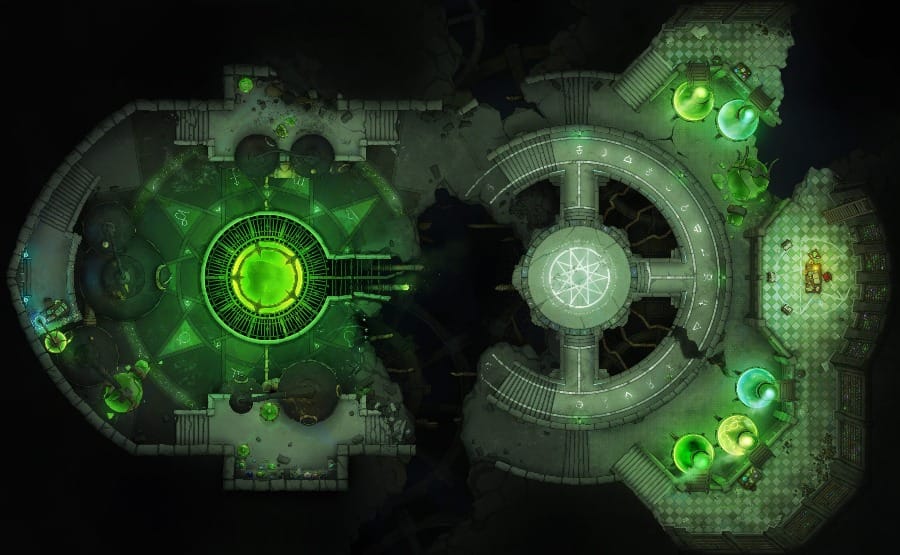 Top-down battlemap of a large underground stone laboratory containing circular ritual arrays with runes and magic circles. The room is ringed by several large alembic flasks full of glowing green liquid and laboratory equipment.
