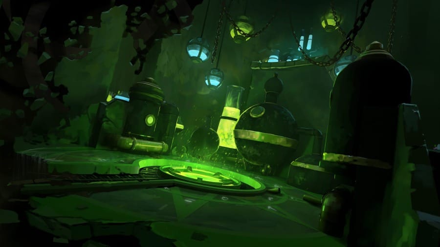 A painterly illustrated scene of a dark underground laboratory, filled with iron machinery and suspended lanterns glowing with sickly green and blue light. A glowing ritual circle pulses at the center of the room.