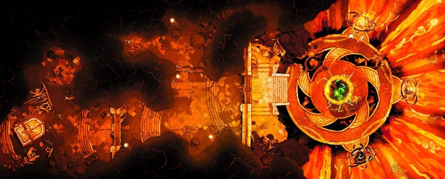 Top-down battlemap of tunnels filled with scattered notes and debris. The tunnels lead into a huge central chamber dominated by a circular platform, where an arcane artifact burns with fiery energy. Lava cascades down all around the structure.
