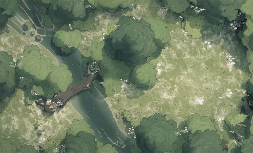 Top-down battlemap of a dense green forest with a river winding through it. A thick layer of webs overlays every ground surface, and egg sacks line the branches and trees.