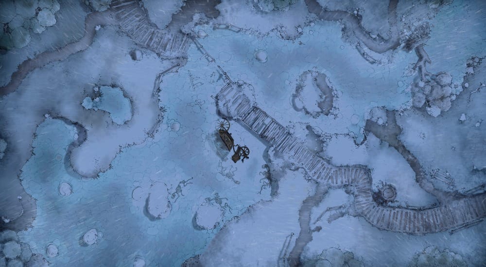 Top-down battlemap of a frozen, desolate wilderness. A raised wooden walkway winds over a wide river that has frozen over. An overturned cart sits beside the walkway.