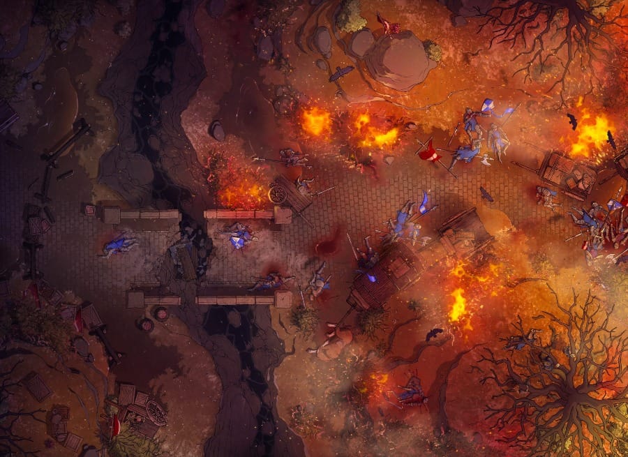 Top-down battlemap of a burning battlefield scene. A crumbling stone bridge crosses a ravine where the earth has split apart, surrounded by broken fortifications and fallen bodies. Flames tear through the scorched and bloodied ground.