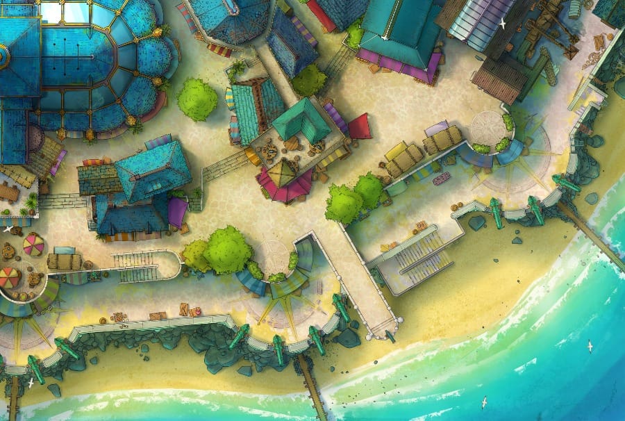 Top-down battlemap of a colorful coastal town built right at the waterline. Teal and green rooftops crowd with bright stalls and tarps along sandstone streets leading down to the beach. Emerald-painted cannons face outward toward the seafront.