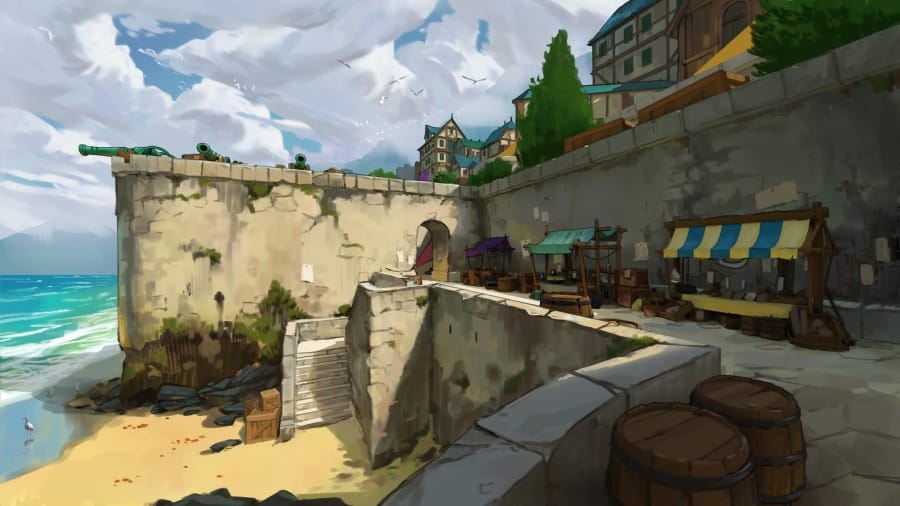 An illustrated scene of a stone coastal promenade. Steps lead down toward a sandy beach, and colorful market stalls line the walkway. Tall townhouses rise along streets in the background.
