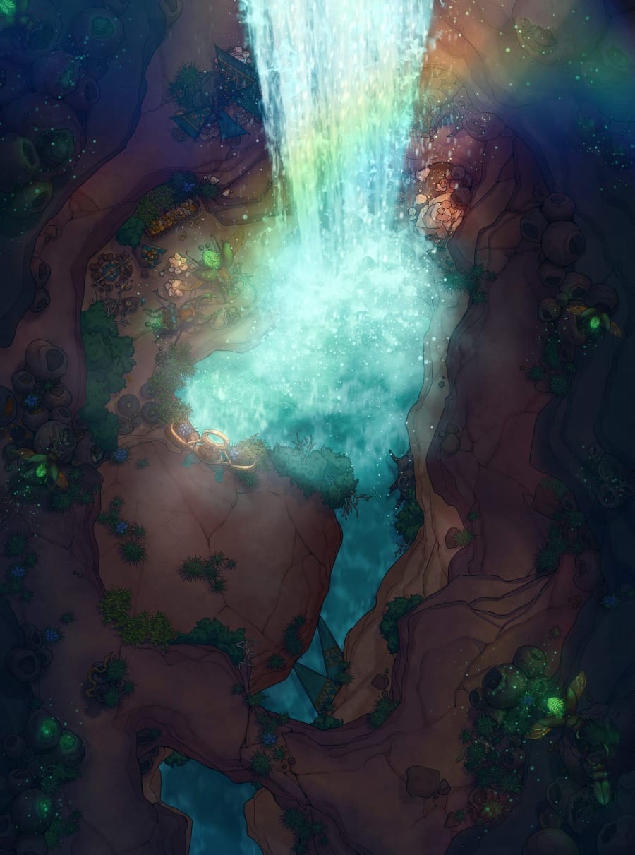 Top-down battlemap of a rocky subterranean canyon at night. A massive waterfall cascades through the center, forming a small river. Mist billows out across the dark stone ledges on either side, catching the sunlight and forming a rainbow.