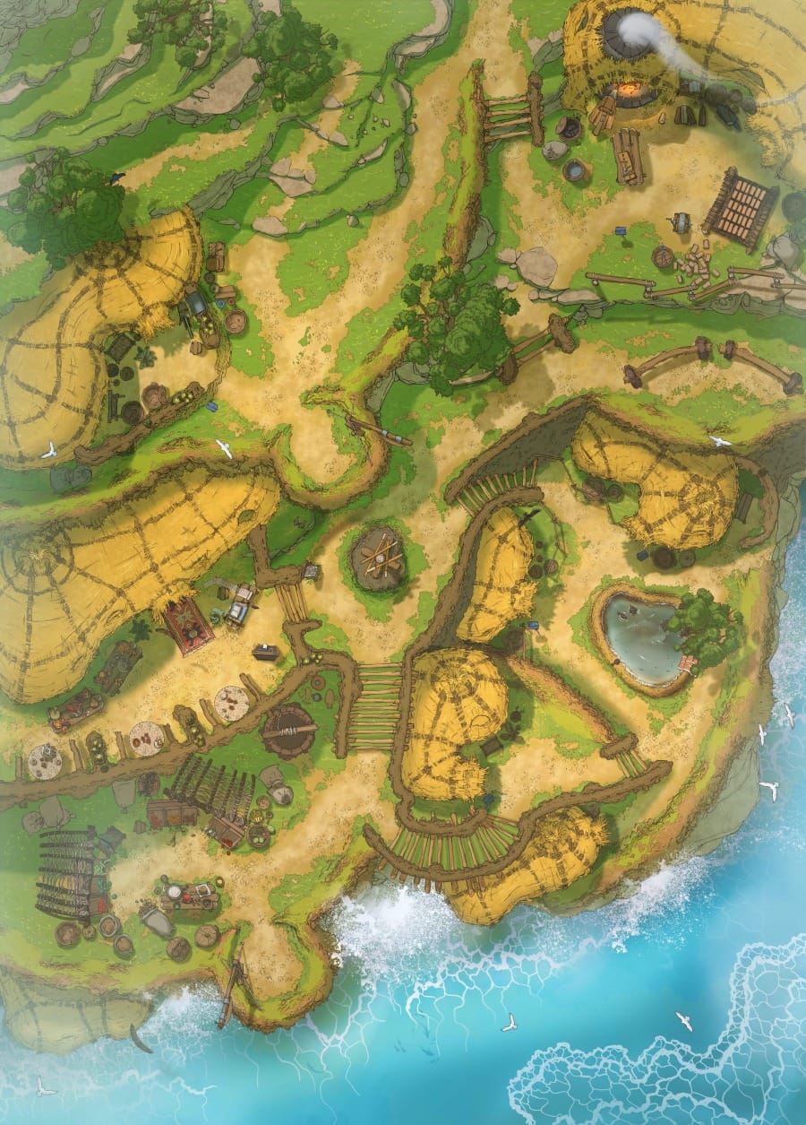 Top-down battlemap of a coastal settlement built into the side of grassy cliffs. Rounded nest-like structures are built directly into the cliff-face, along with carts, stalls, and other living implements.