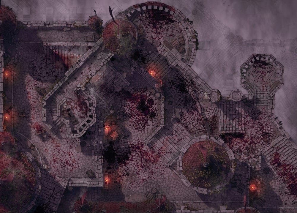Top-down battlemap of the courtyard of a stone fortress in the aftermath of a massacre. Dark bloodstains are splattered across the cobblestones and battlements, and scattered torches cast a dim light through a dense fog.