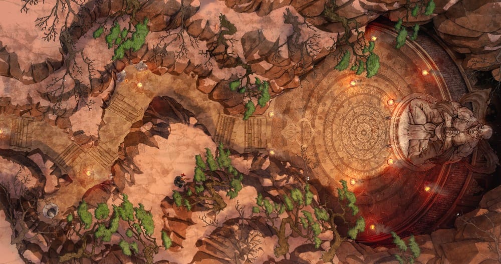 Top-down battlemap of a mountain path that leads into a cave with concentric ritual circles carved into the stone floor. In the cave is a large praying statue.