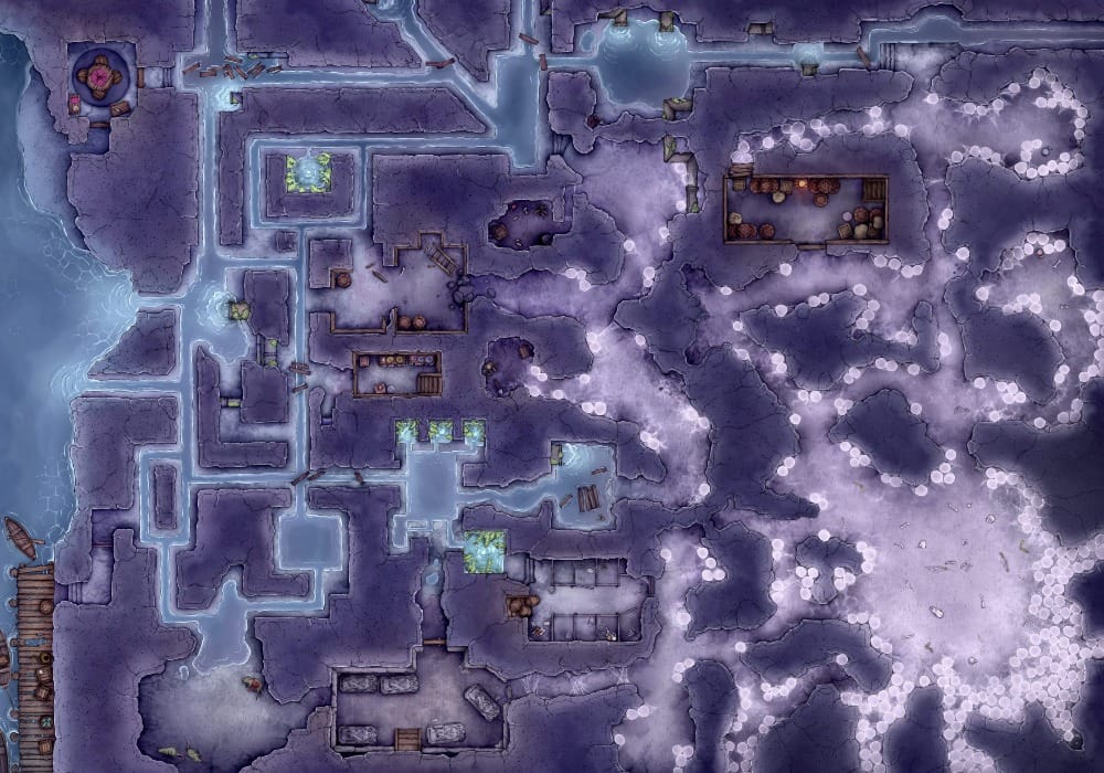 Top-down battlemap of a vast underground cavern complex filled with barrels and living quarters. The tunnels gradually become more obscured with webs, and eventually open up into a massive cavern covered in spider cocoons and egg sacs.