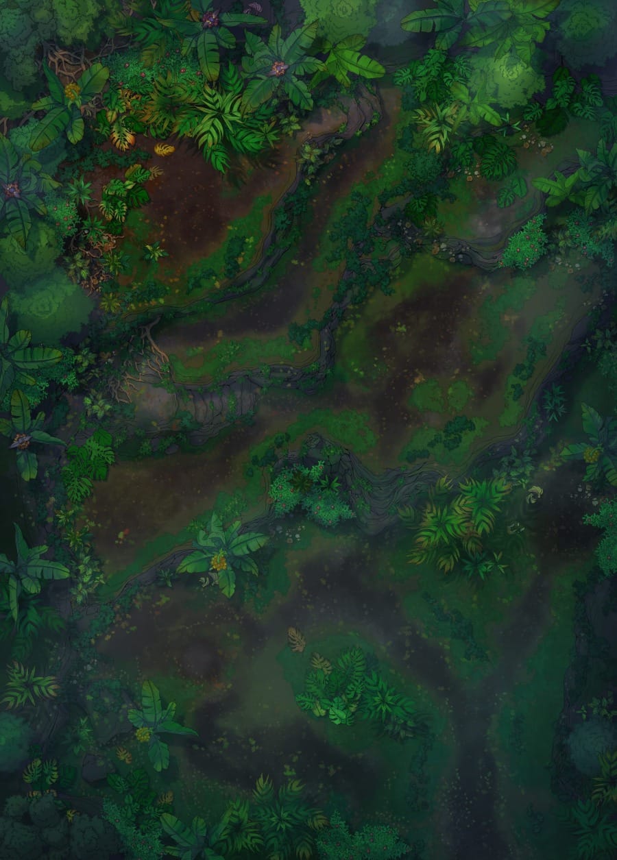 Top-down battlemap of a dense tropical forest. A dirt path winds up through tiered rocky switchbacks, surrounded by thick tropical ferns and a thin layer of mist that drifts through the undergrowth.
