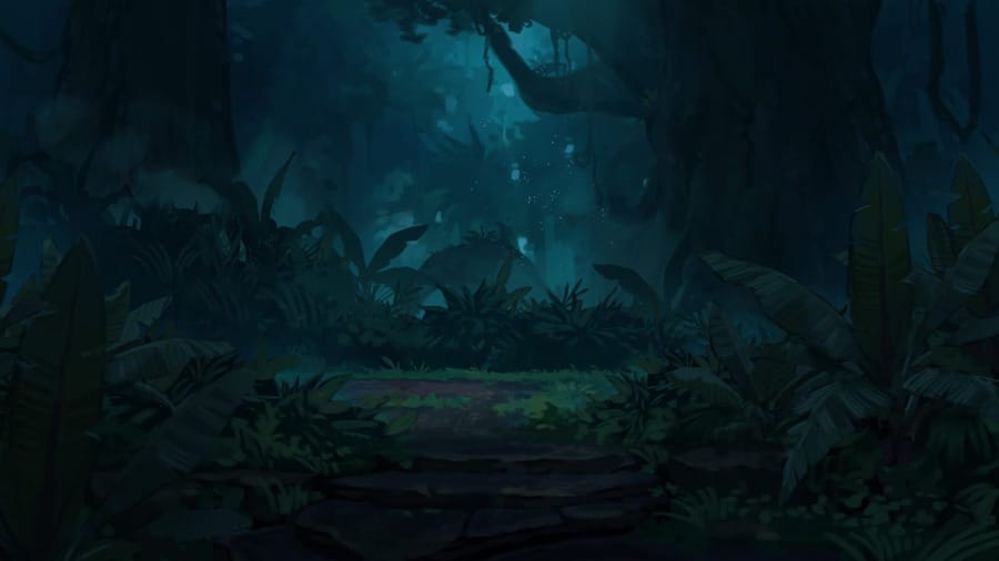 A painterly illustrated scene of a dense tropical forest at night. A natural stone staircase ascends toward a dim clearing under massive trees. Ferns and tropical plants crowd the forest floor.