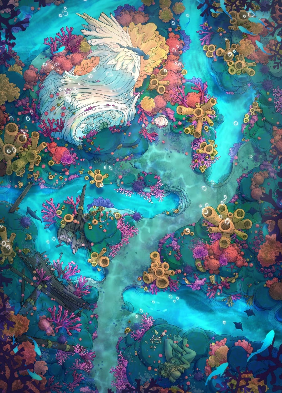 A top-down battlemap of a vivid coral reef with turquoise water lapping at pink and orange coral formations and sea sponges. A shipwreck sits in front of a small coral cottage.