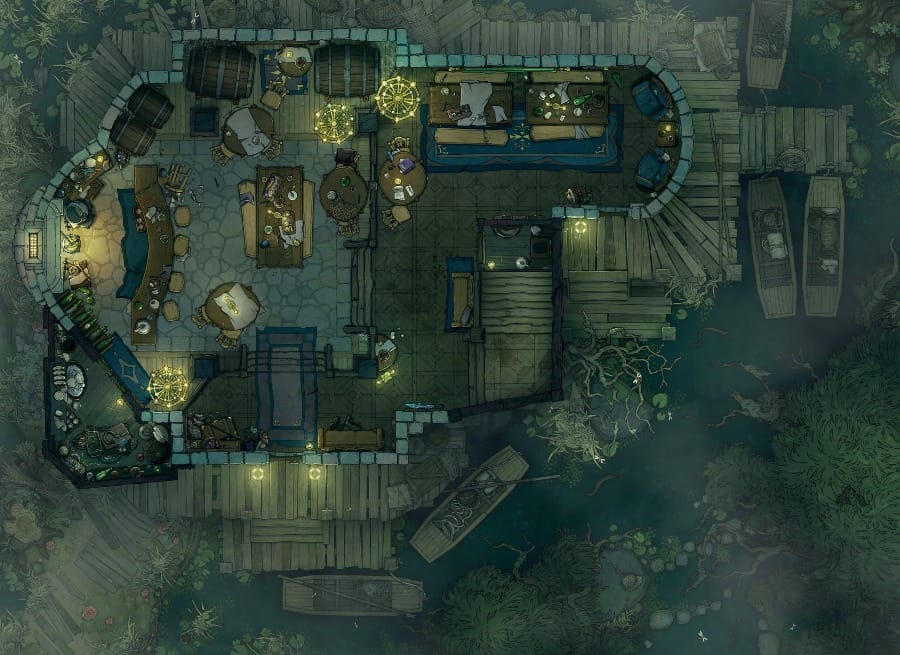 Top-down battlemap of a small inn built on wooden docks over a dark marsh. Small boats are moored at a wooden boardwalk outside, amidst marsh reeds and drifting fog. Inside is a modest bar and common room with a handful of tables.