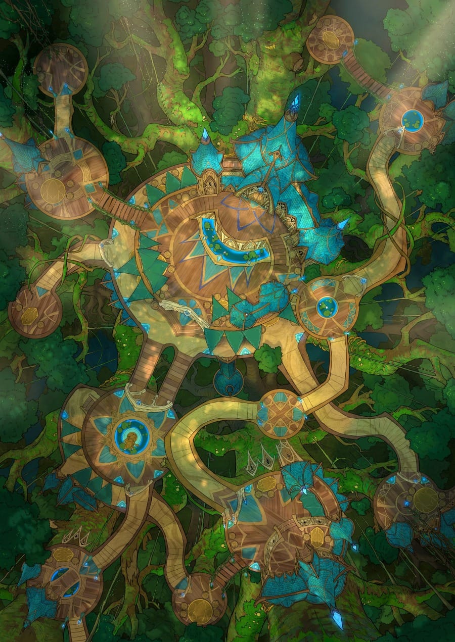 Top-down battlemap of a canopy settlement of elven architecture, with circular wooden platforms connected by curved walkways and rope bridges nestled among tree branches. Glowing ethereal light filters through the leaves above.