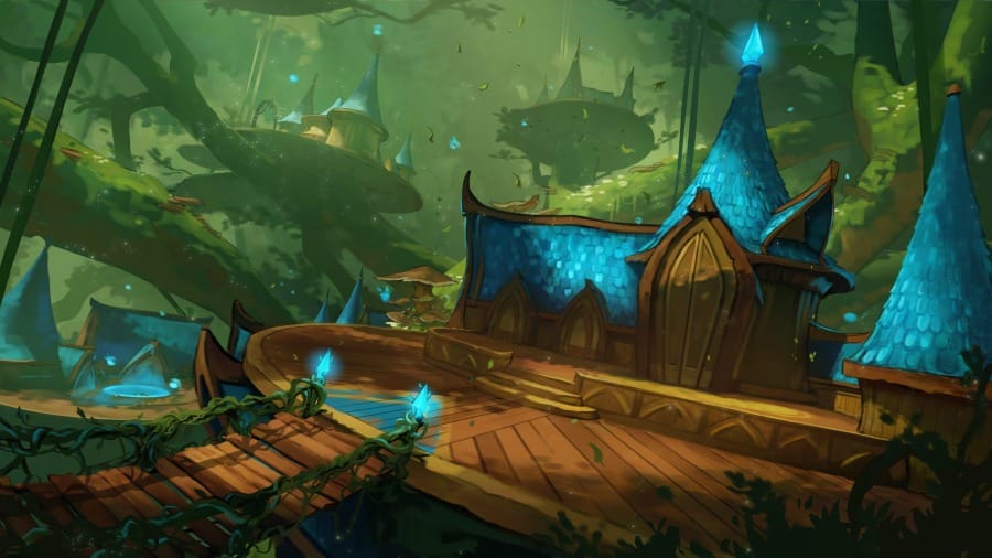 A painterly illustrated scene of a woodland settlement built among the branches of towering trees, viewed from a wooden walkway. Platforms with ornate teal-roofed buildings connected with rope bridges stretch into the canopy above.