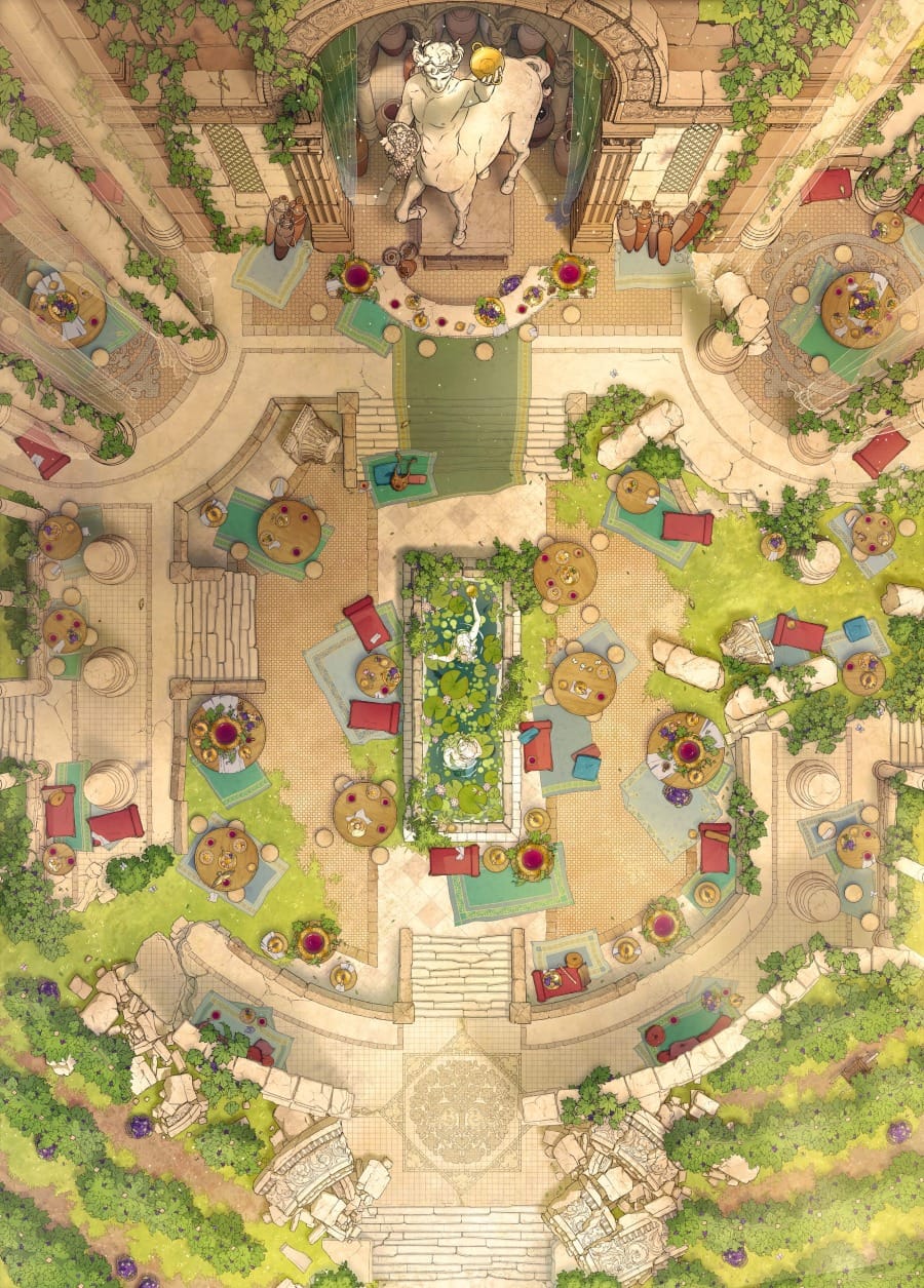 Top-down battlemap of an open-air Mediterranean-inspired winery courtyard. Round tables and cushioned seating fill a warm stone terrace ringed by vine-covered pillars and lush grapevines. At the far end of the terrace stands a large stone centaur statue.