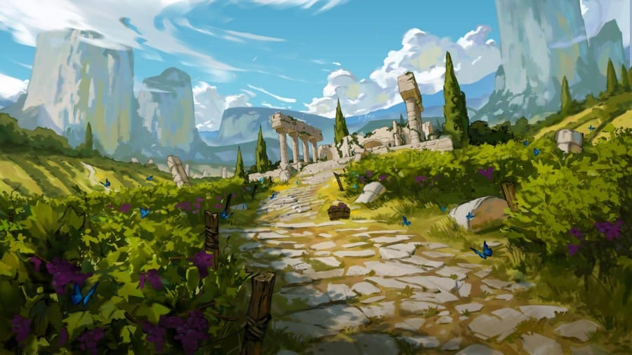 An illustrated scene of a cobbled path running through a sun-lit vineyard. Rows of grapevines on wooden trellises line both sides of the road, and weathered classical stone columns rise in the background.