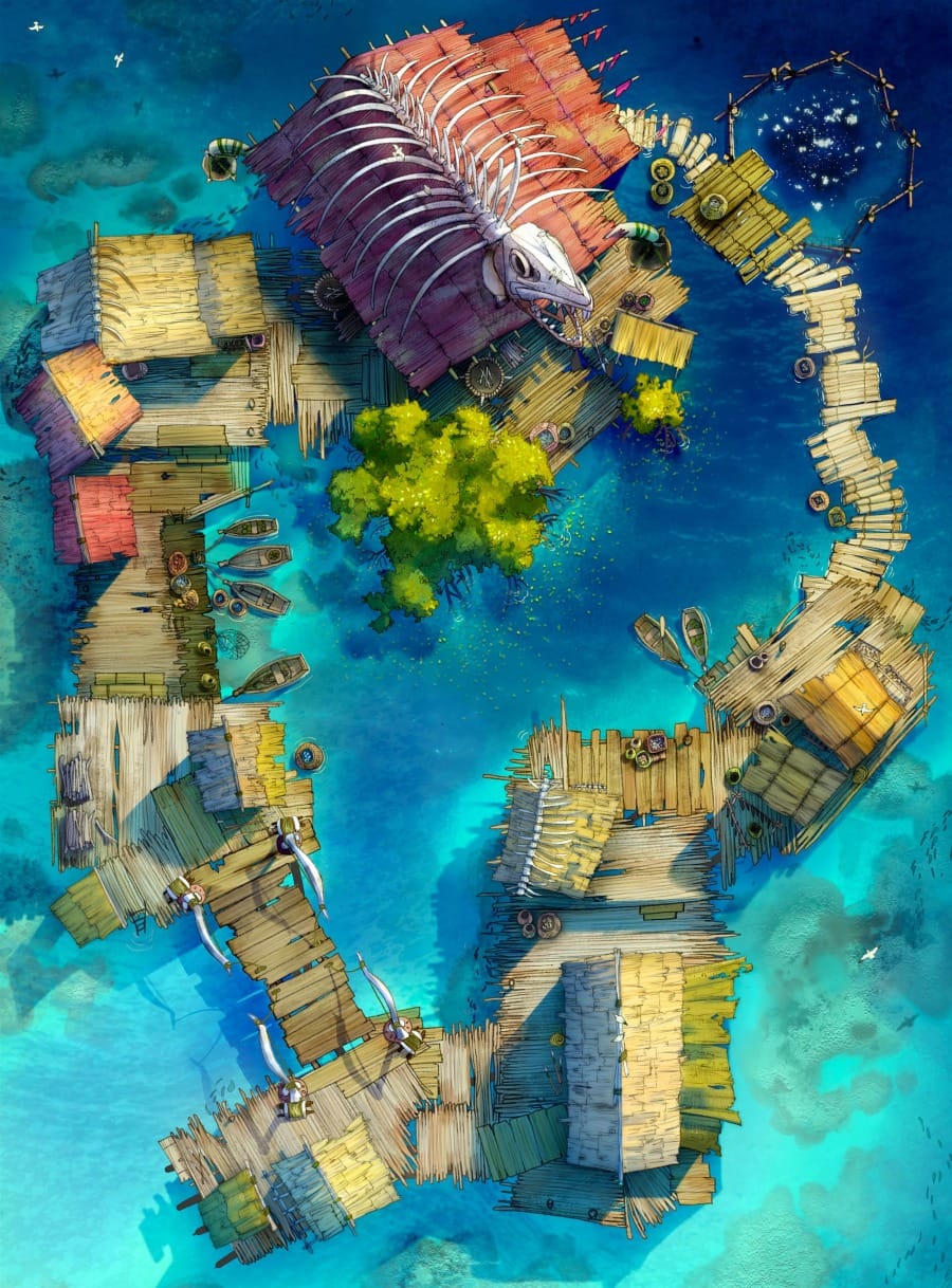 Top-down battlemap of a simple floating village built across open turquoise water. Reed platforms and wooden bridges are lashed together in a loose ring. At one end, the enormous skeleton of a sea creature is tied on the roof of a large house.