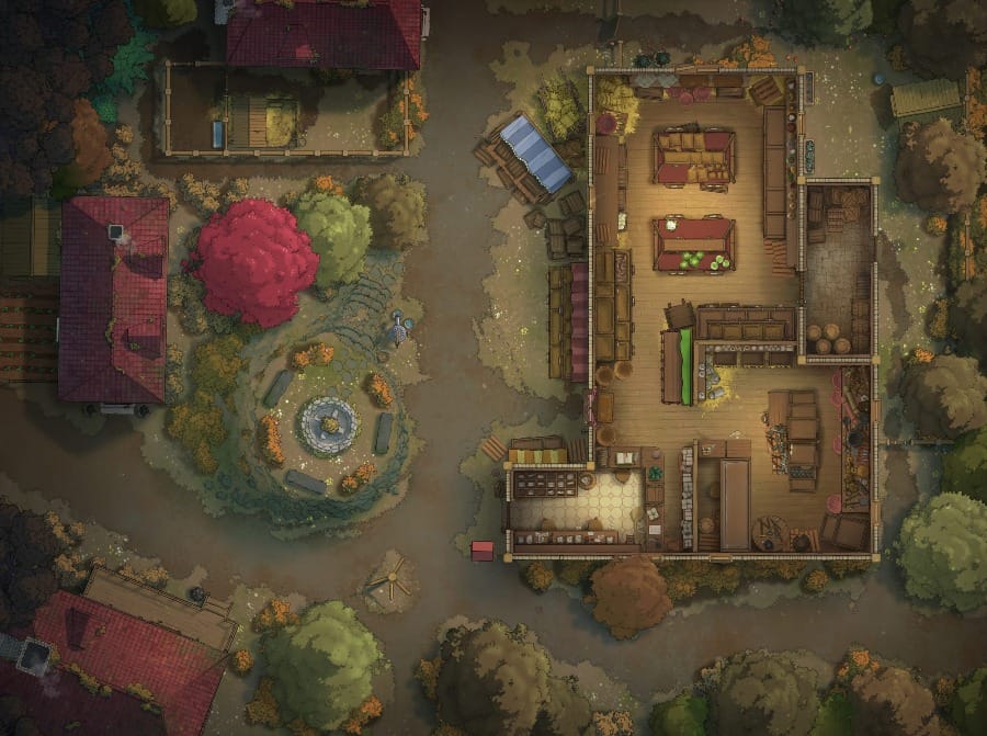 Top-down battlemap of a grocer’s store in a small woodland village. The shelves are noticeably empty and filled only with a few sparse vegetables. Outside the shop is a small dried stone fountain and plaza, surrounded by modest cottages with red rooftops and yellowed trees.