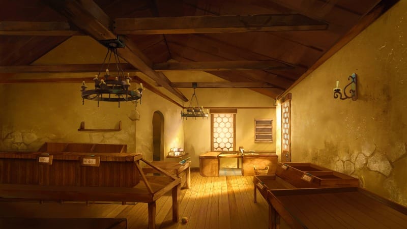 A painterly, illustrated scene of a modest village shot interior, lit by warm sunlight. Unlit candle chandeliers hang from timber-beamed ceilings above mostly-empty wooden display benches.