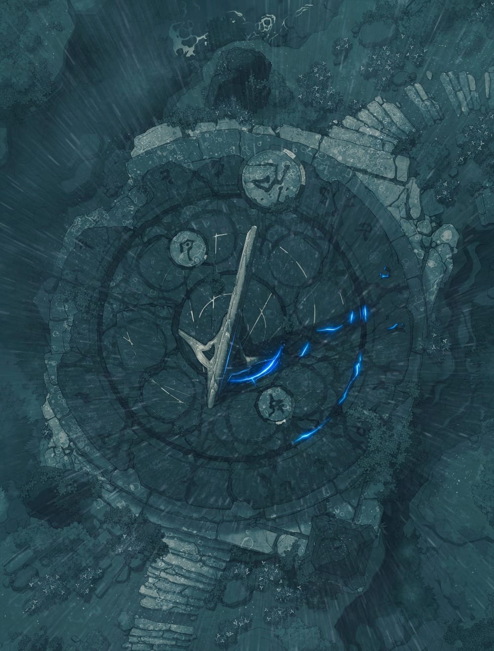 Top-down battlemap of a massive ancient stone sundial being battered by a heavy rainstorm. Blue energy seeps through cracks in the stone, and the sundial is engraved with various runes.