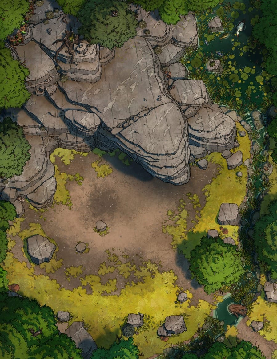 Top-down battlemap of a large, flat-topped stone outcrop over a forest clearing. It is surrounded by scattered boulders, trees, and a small winding river.