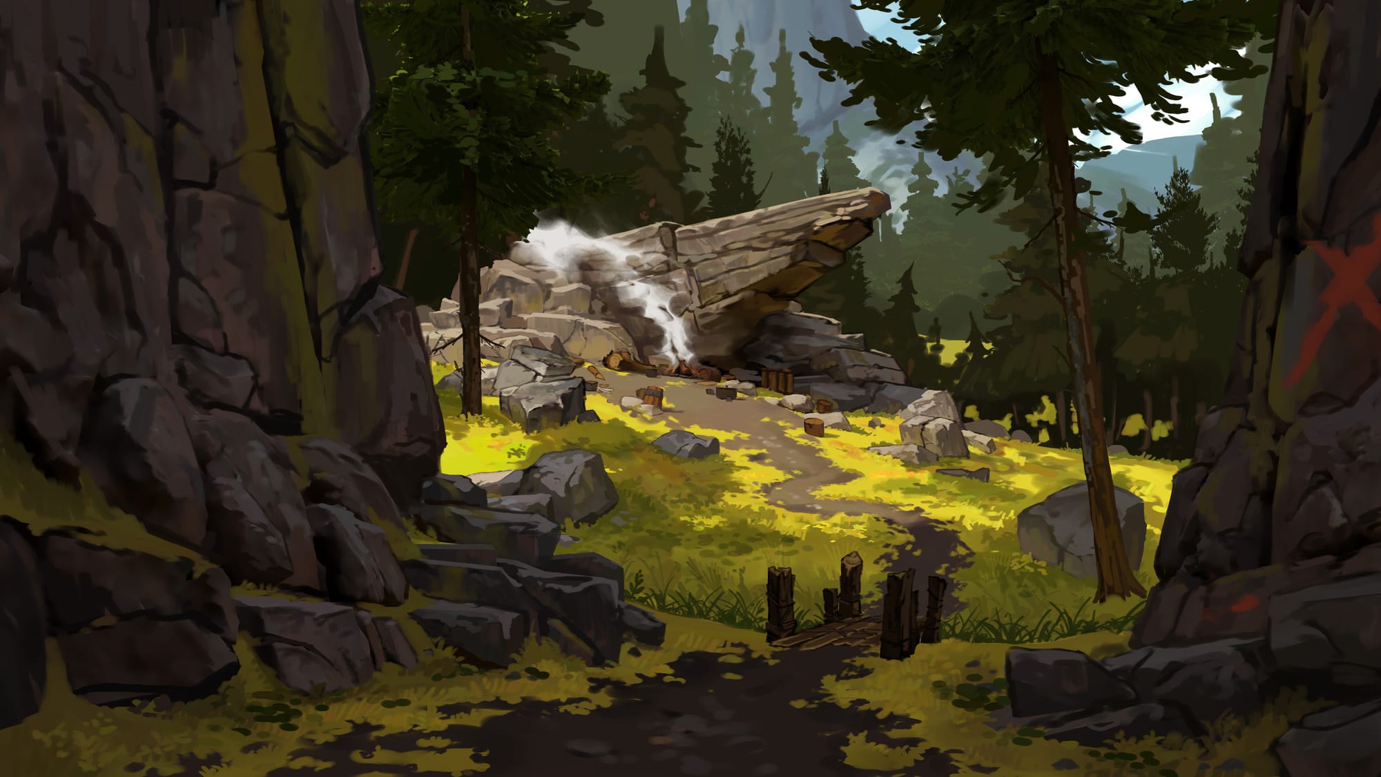 A forest-edge clearing viewed from a ravine, with warm sunlight falling on a large stone outcropping. Faint smoke rises from its base.