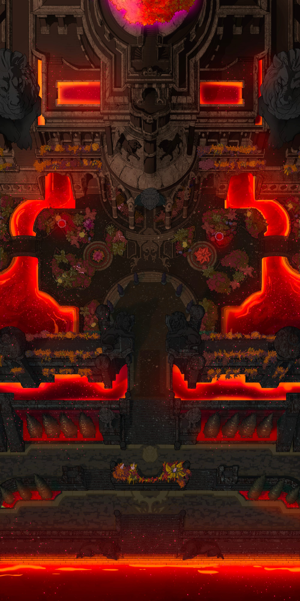 Top-down battlemap of an elaborate stone garden complex built out of black stone. Molten, glowing lava channels flow around and between platforms.