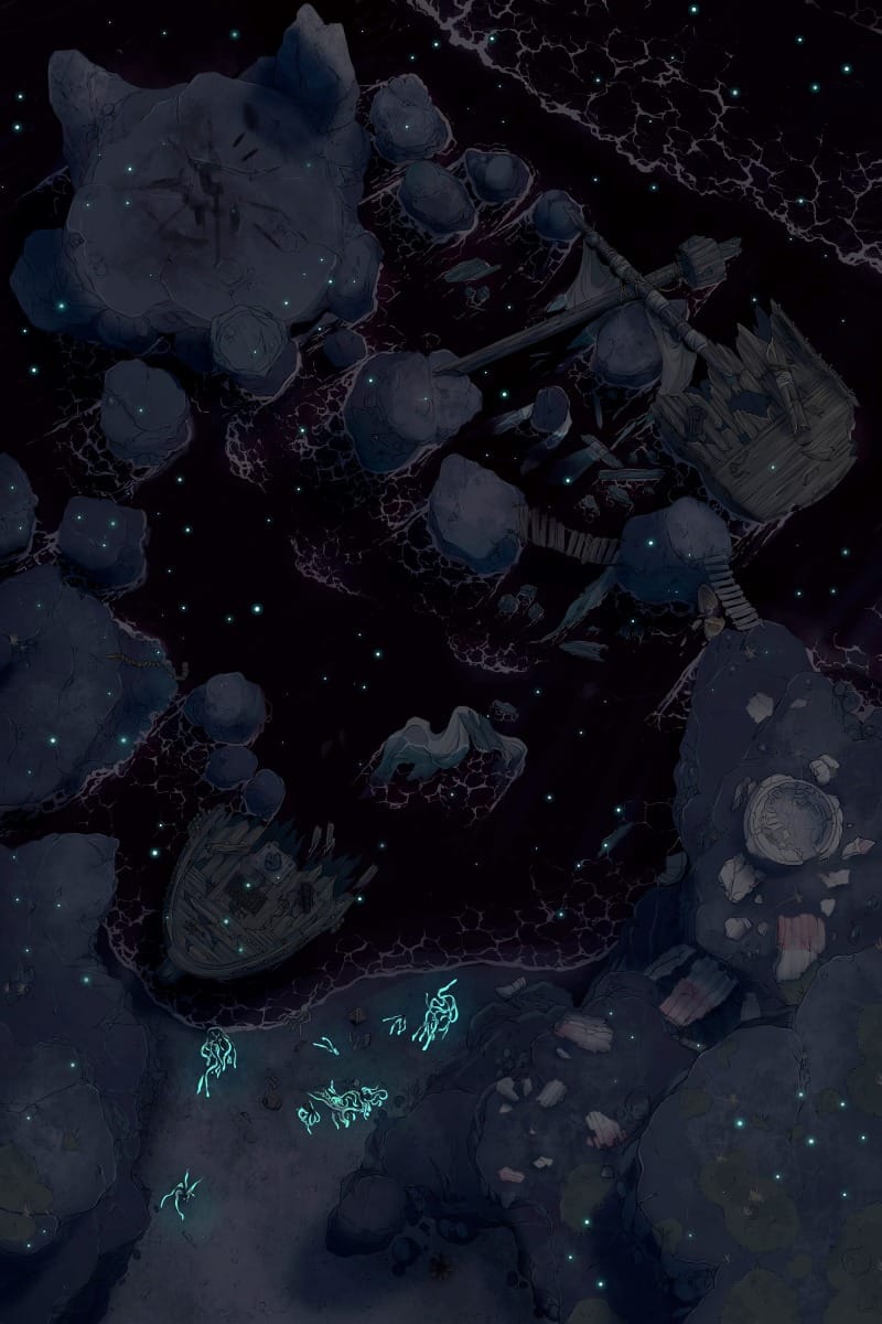 Top-down battlemap of a subterranean lake glowing with bioluminescent algae. A large bird’s nest rests on a rocky outcrop, and the wreckage of a ship is visible near the water’s edge.