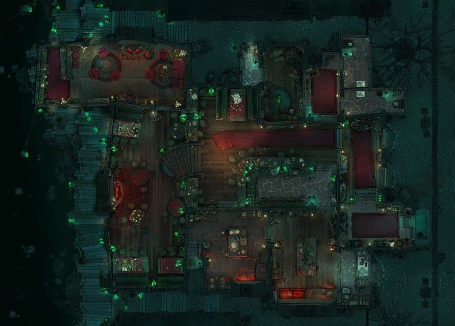 Top-down battlemap of a large, eerie dockside inn at night, built on a wooden boardwalk overlooking dark murky water. Green phantom lights glow from lanterns and sconces, and the rooms are furnished with dark wood and plush red furniture.