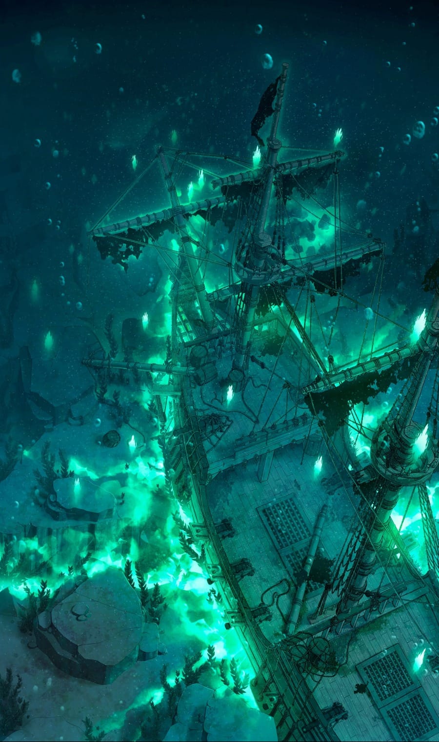 Top-down battlemap of a massive wrecked galleon resting on a rocky seabed at the bottom of the ocean. The ship is surrounded by ghostly, spectral green fire that bleeds through the dark water.