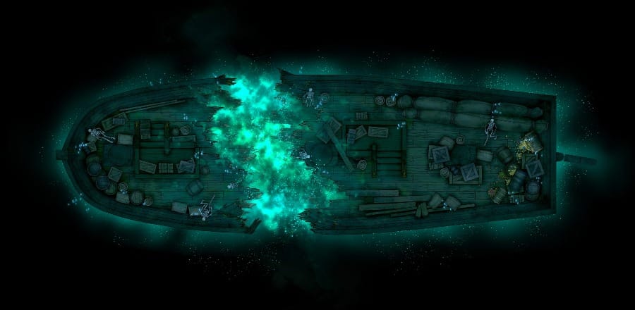 Top-down battlemap of the interior of the same wrecked ship as above. The hull is split across the width of the whip and suffused with spectral green energy. Scattered cargo and crates fill the hold.