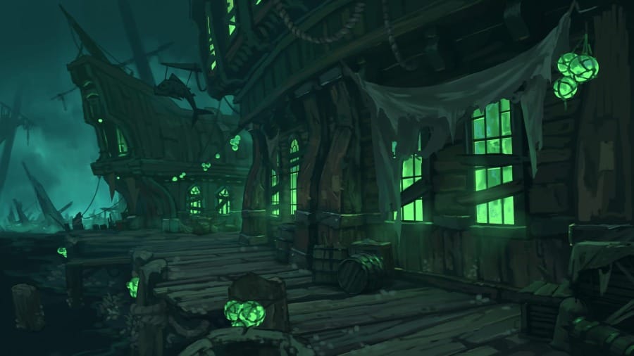 An illustrated scene of a fog-shrouded dockside inn as viewed from the outside. Sickly green light bleeds from hanging lanterns along the boardwalk and from every window.
