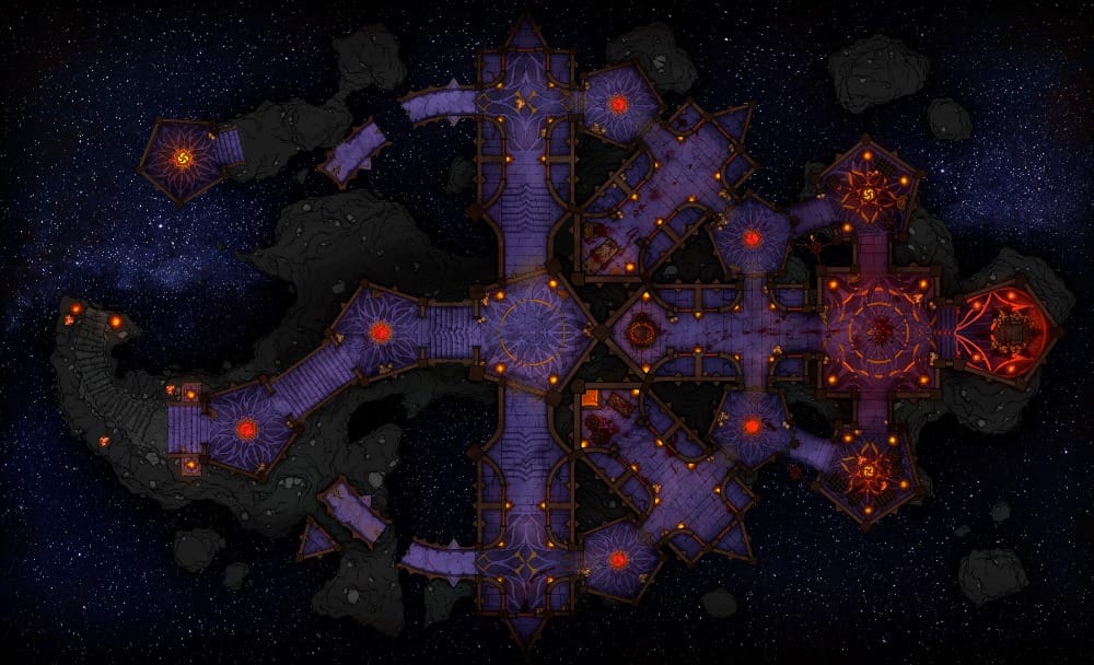 [Alt Text: Top-down battlemap of a massive prison complex suspended in an astral void. Ornate purple hallways and chambers are illuminated with deep red hellfire, as well as concentric ritual circles.