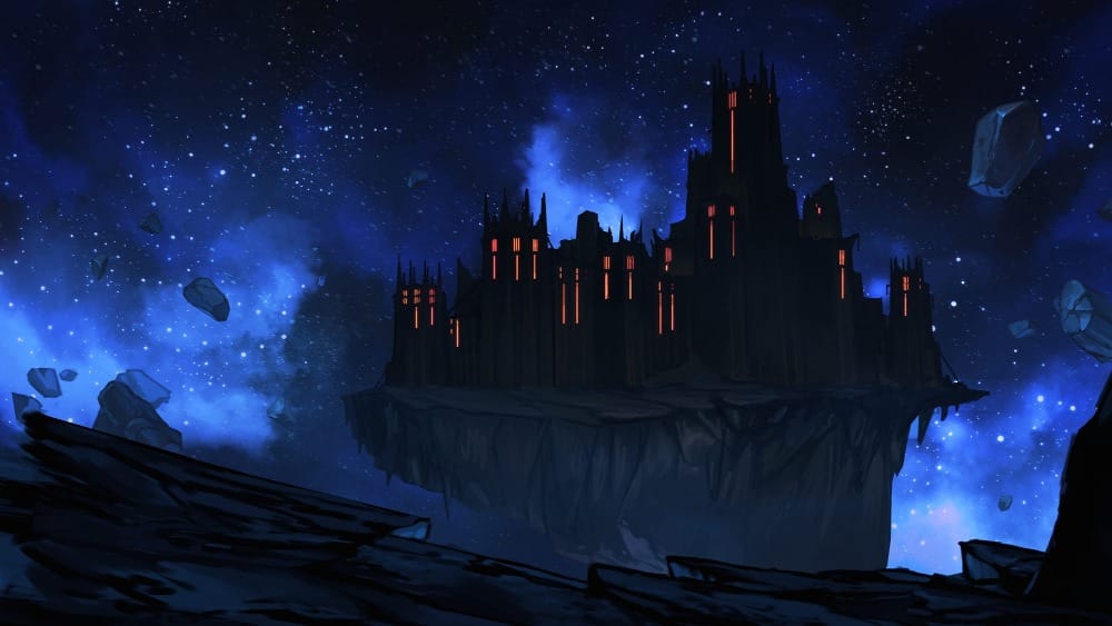 A painterly illustrated scene of a jagged, towering black fortress suspended against a midnight-blue astral sky. Dark spires glow faintly with red lights against the stars. Shattered stone debris floats around in the void around it.