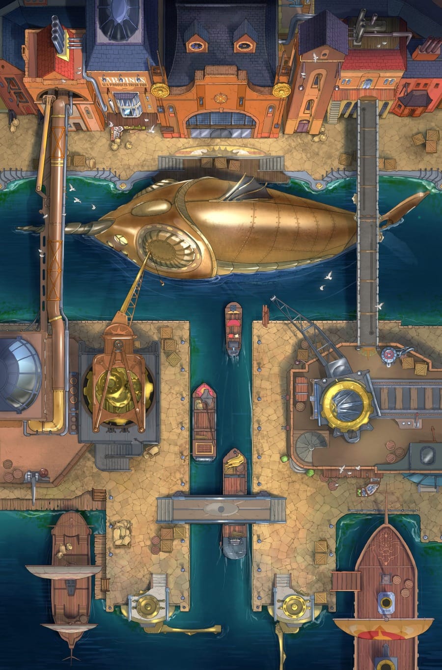 Top-down battlemap of a harborfront. Stone platforms are separated by wide water canals, lined by orange industrial buildings, pipes, cranes, and machinery. A huge golden submarine built in the shape of a marlin floats in the central canal.