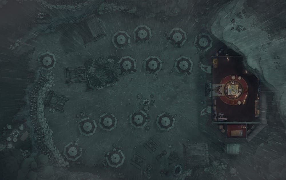 Top-down battlemap of a military encampment under a rocky cliff, pelted by a heavy storm. A large octagonal command tent sits at one end, surrounded by rows of circular war tents, watchtowers, and catapults. Stone walls and wooden barricades line the perimeter.