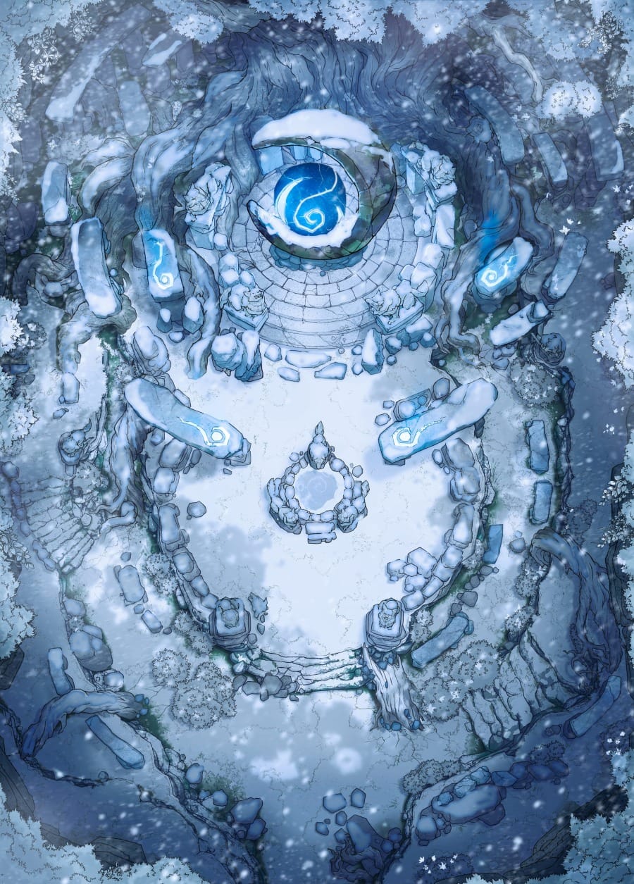 A snow-covered grove viewed from above, circling a glowing blue artifact in a moon statue. Roots and carved stone henges ring the ritual site.