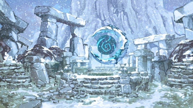 A glowing blue artifact set in a floating crescent moon statue stands between stone henges in a snowy forest clearing. Snow falls gently around it.