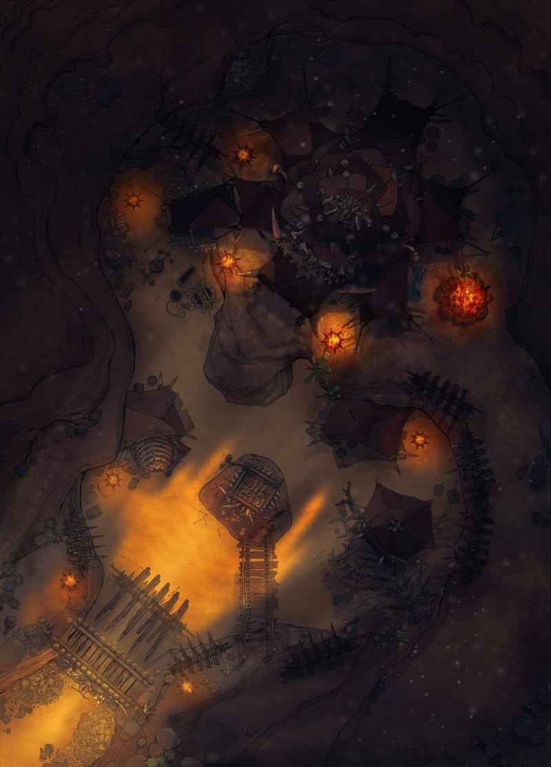 Top-down battlemap of a large cavernous entrance fortified with tattered banners, spiked wooden palisades, and bonfires. Inside, tribal tents and supplies fill a wide rocky cavern.