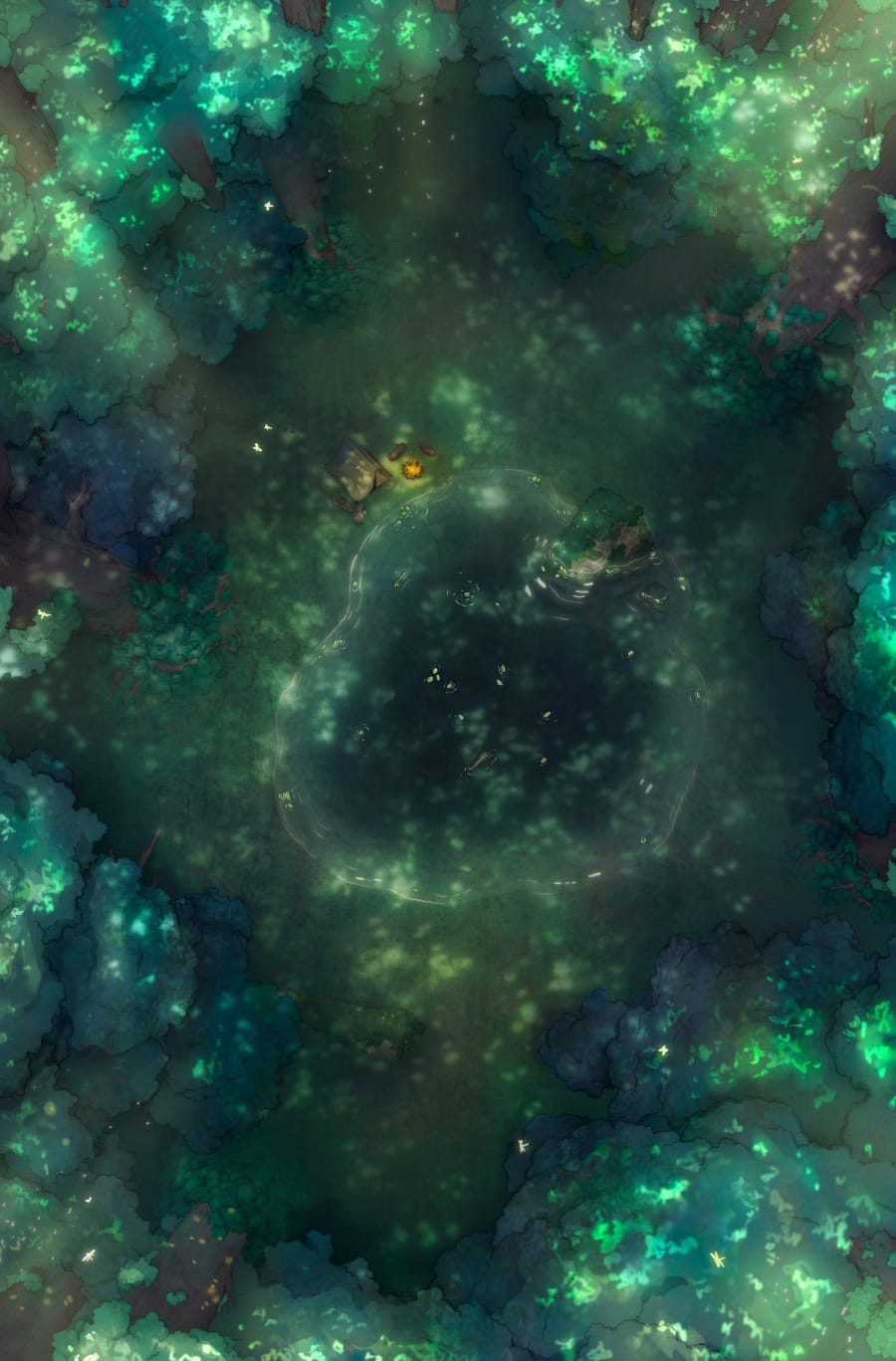 Top-down battlemap of a dense, massive forest. An idyllic pool sits in the middle of the clearing, next to a small campfire and tent. Enormous tree canopies border the clearing and dappled sunlight filters through the leaves.