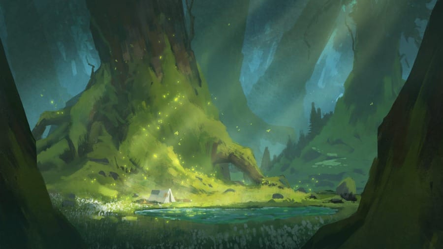A painterly illustrated scene of a small pool at the foot of a colossal moss-covered tree trunk. A white tent sits by the pool. In the background, enormous ancient tree trunks stretch back as far as the eye can see.