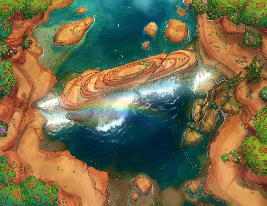 Top-down view of a canyon waterfall cascading over orange sandstone ledges and into a deep blue pool below.