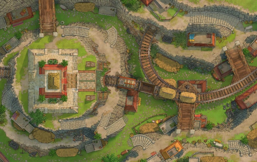 Top-down battlemap of a mining settlement built into rolling hillside terrain. Small stone buildings cluster under minecart tracks that wind through cut-rock tunnels, with wooden bridges connecting the different levels.