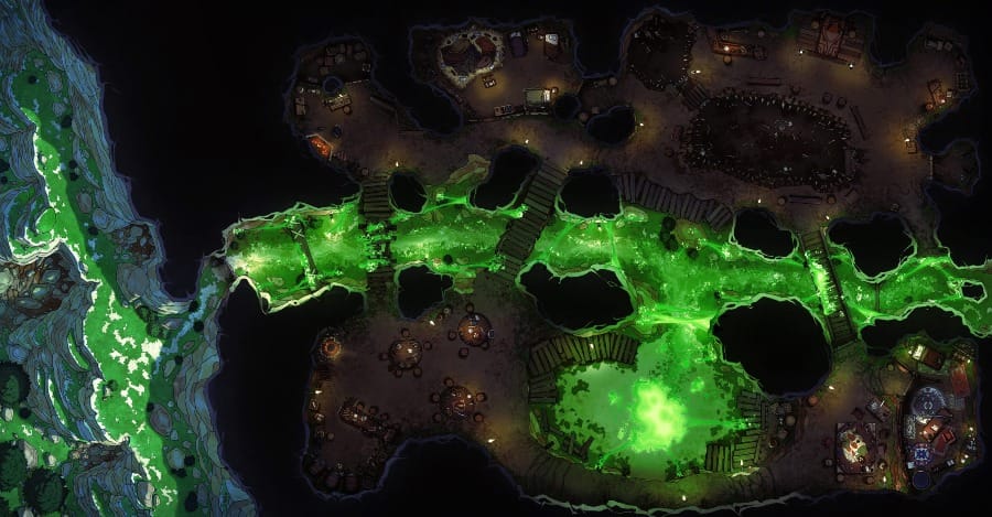 Top-down battlemap of a vast underground cave system filled with branching caverns filled with living and working quarters. Bright green glowing slime floods through the central tunnel and chamber.