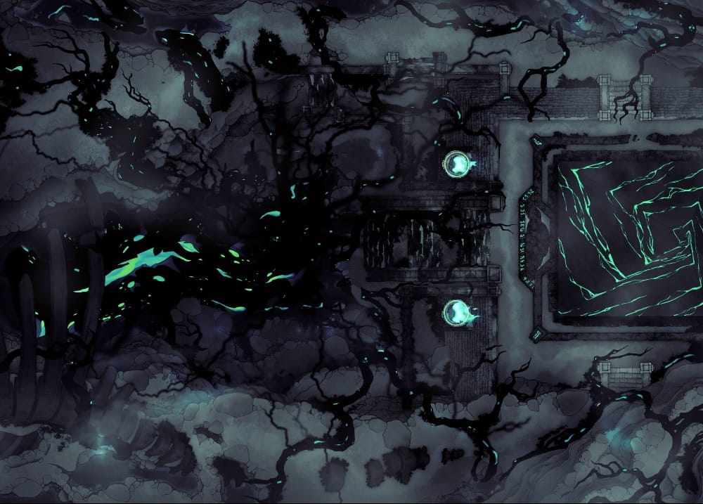 Top-down battlemap of an obsidian pyramid with glowing green veins running through it. Black, creeping tendrils of corrupted void energy seep through cracked stone floors towards the pyramid.