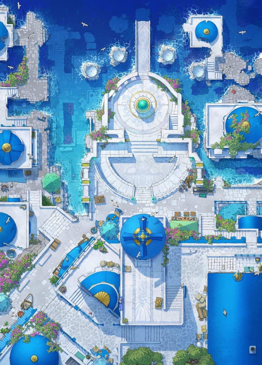Top-down battlemap of a grand coastal plaza built from white and blue stone. Ornate circular structures and open promenades sit by clear deep blue water, surrounding blue-domed buildings and neat flowering gardens.