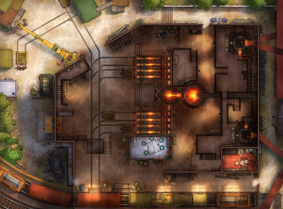 Top-down battlemap of an industrial compound. Furnaces and forge equipment dominate a central hall, with glowing red fires stoking the machinery. Pipes, conveyor tracks, grates, and workshops fill the surrounding rooms.