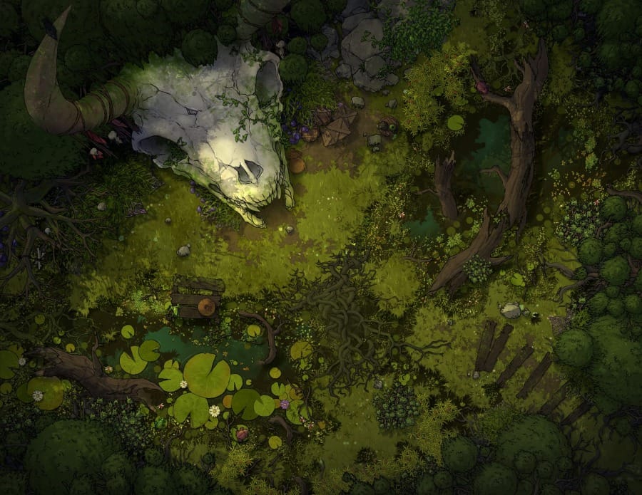 Top-down battlemap of a murky swamp clearing, with dark water, lily pads, and twisted tree roots. Sitting amidst the bog vegetation is a massive horned bovine skull, overgrown with vines and moss.